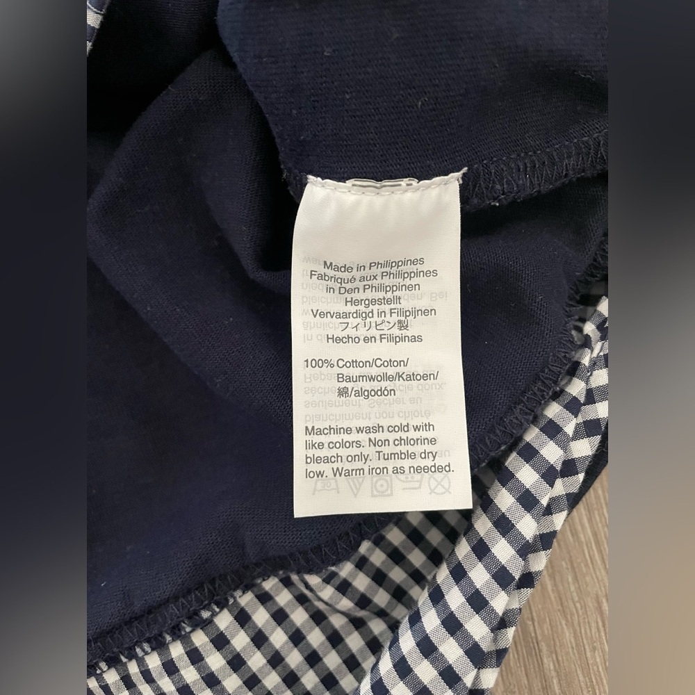 Navy Blue Women's Top with Checkered Cuffs - Picture 7 of 10